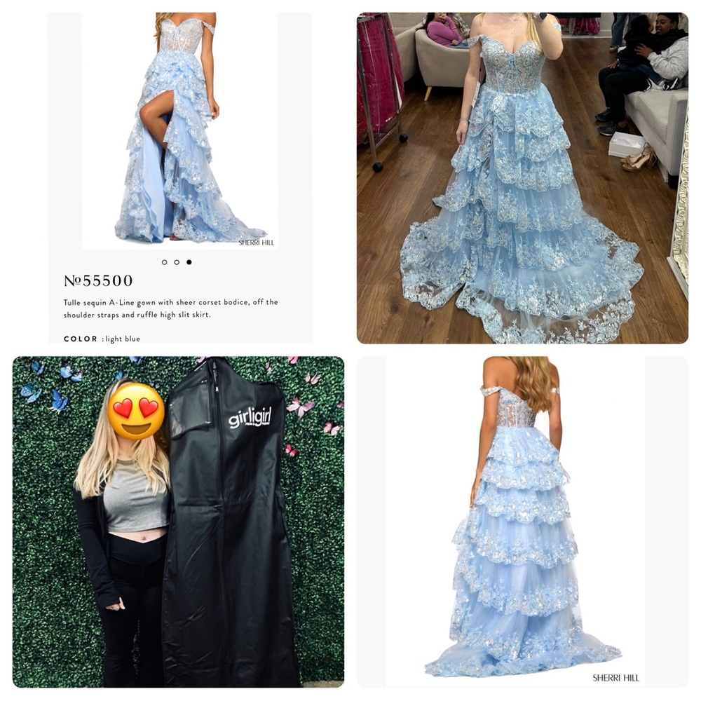 Sherri Hill Light Blue Lace Sequin Off-Shoulder Ruffled Prom Gown